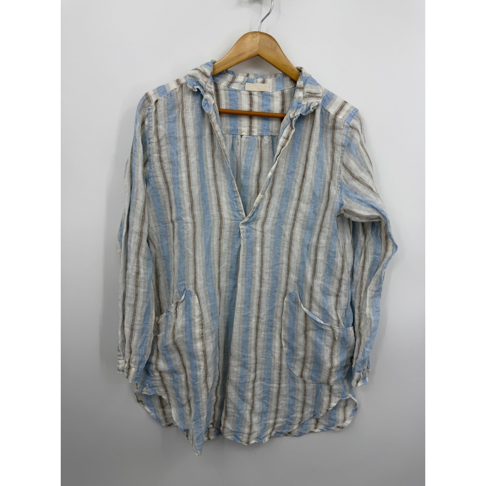 CP Shades 798-416 Tunic Top Women S Blue Brown Striped Cotton Gauze V-Neck